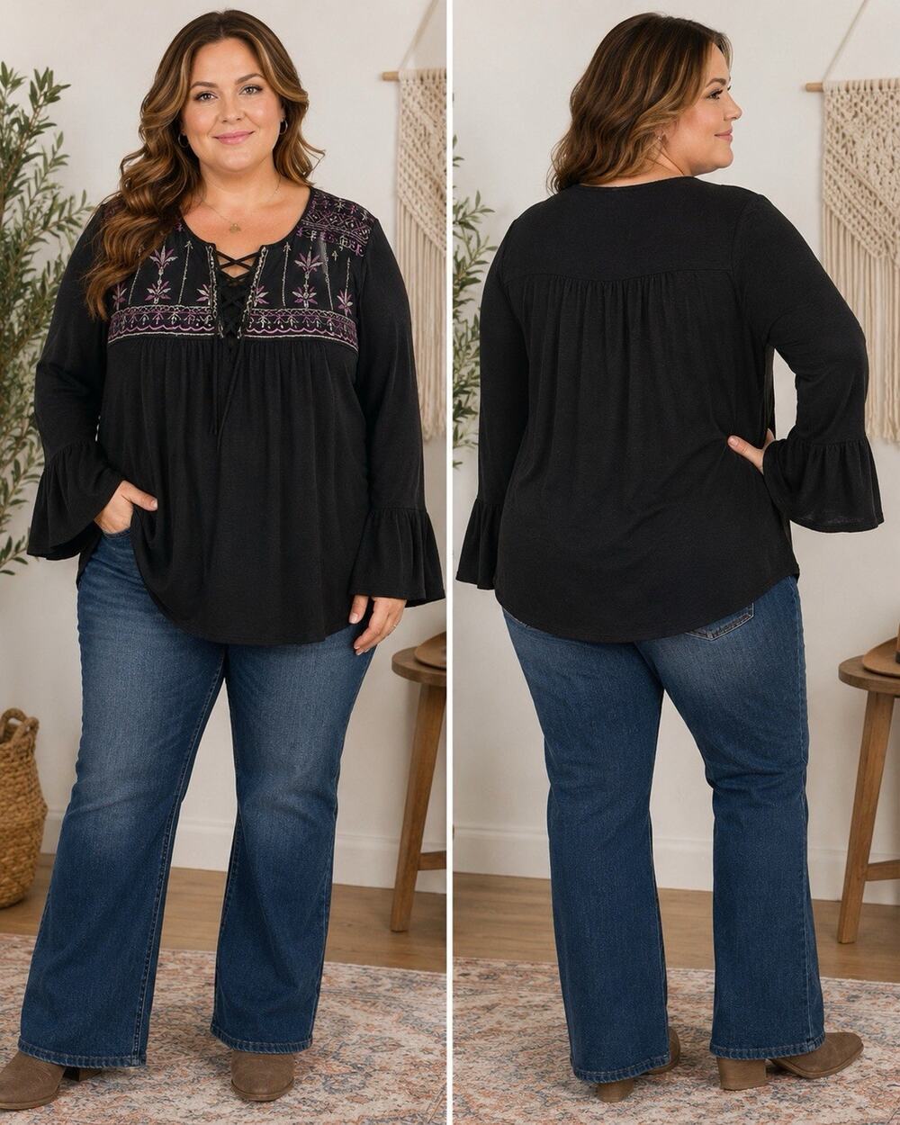 Faded Glory 2X 18W-20W Black Embroidered Boho Peasant Top Lace Up Bell Sleeve